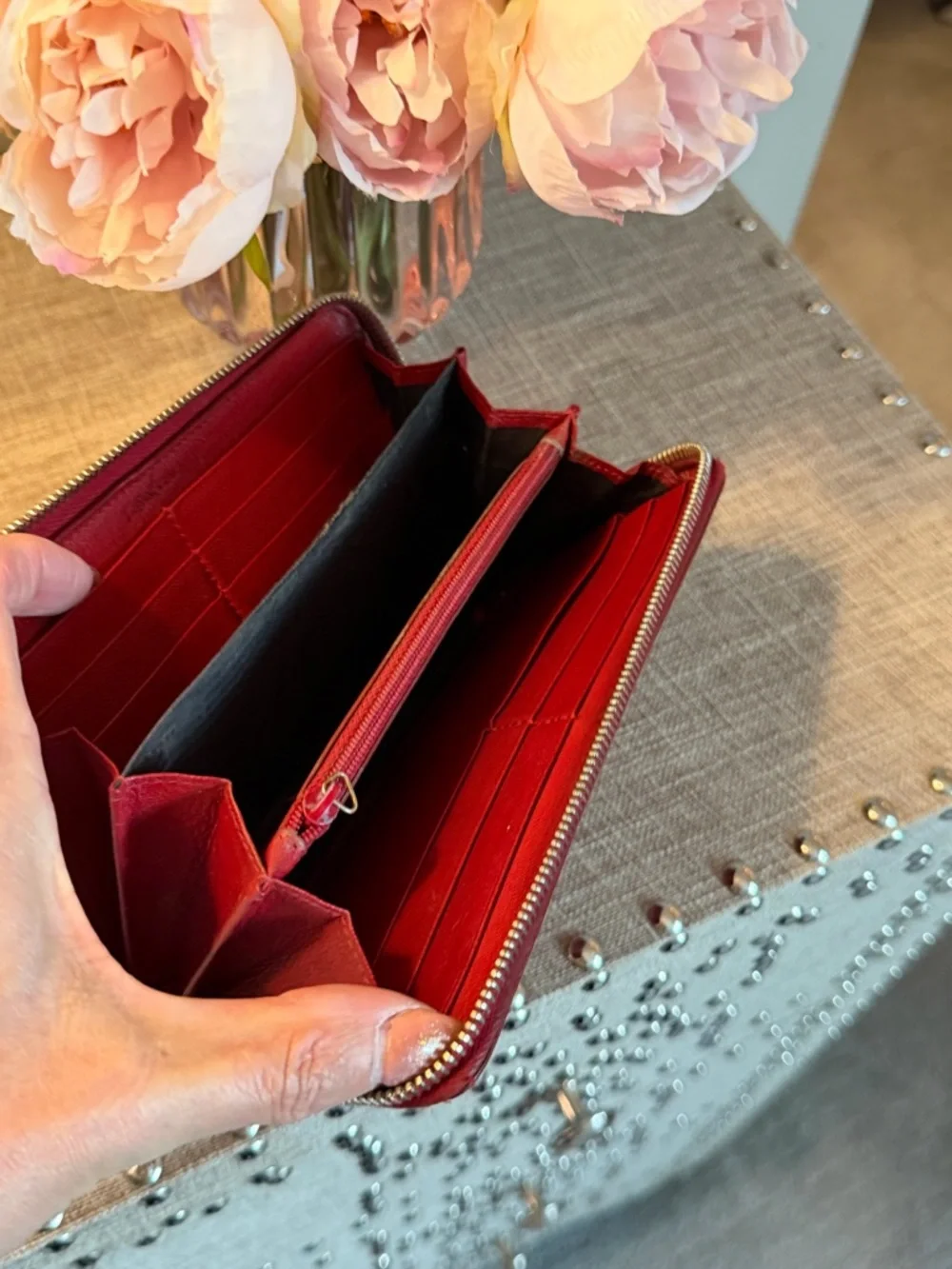 Yves Saint Laurent Red Leather Zip around Long Wallet with Stitched YSL - Picture 10 of 11